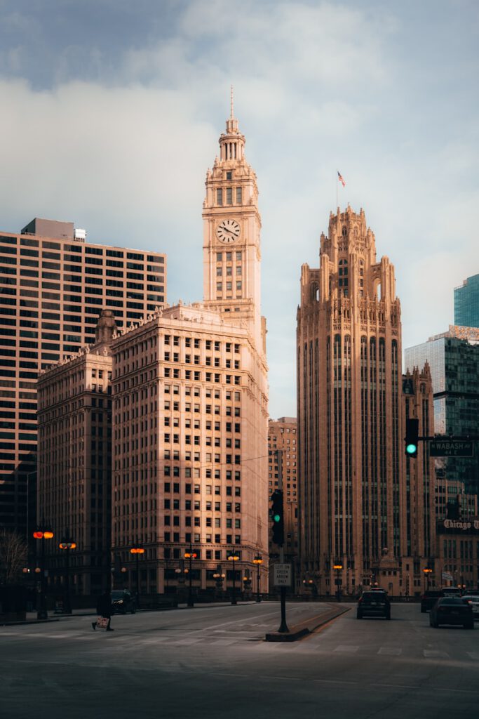 Cityscape features tall buildings and an iconic clock tower.